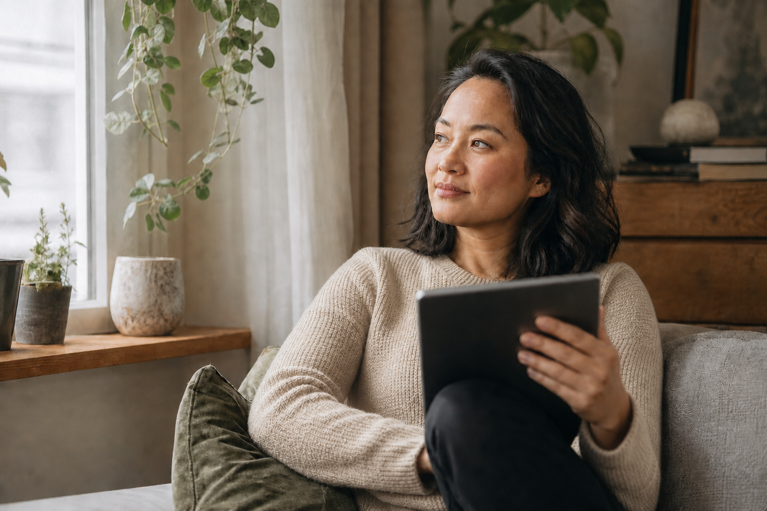 Asiatische Frau füllt zu Hause den digitalen Wegovy-Eignungsfragebogen aus