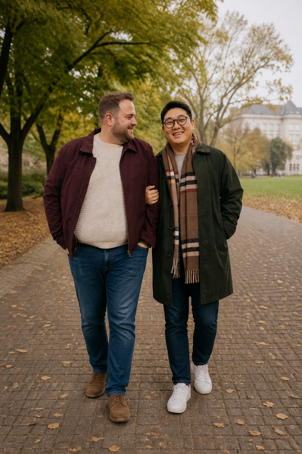 Two men as a couple walking together in a park